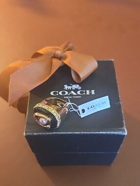 Coach Gold-Tone Varsity Ring with Pink Cabochon and Clear Crystals